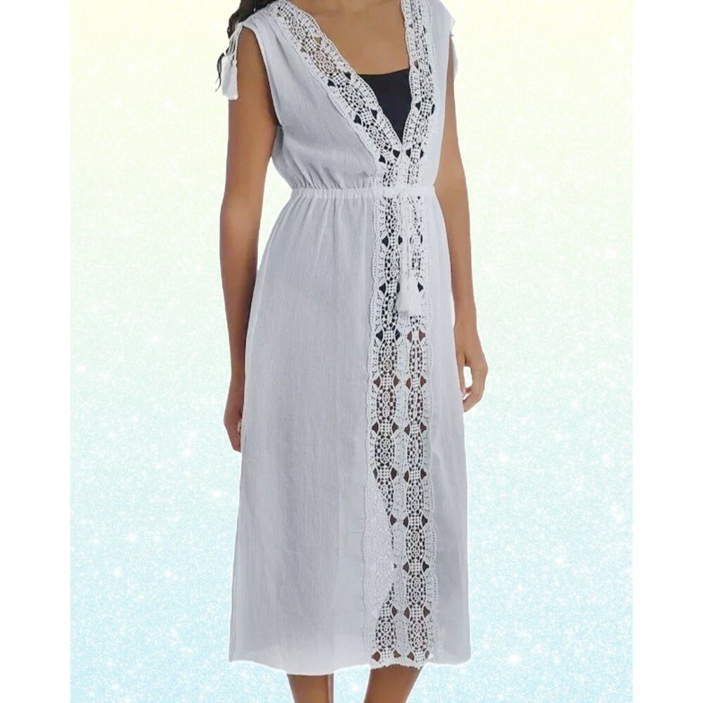 "La Blanca" Women's White Midi V-Neck Gauze & Crochet Cover-Up Dress Size L